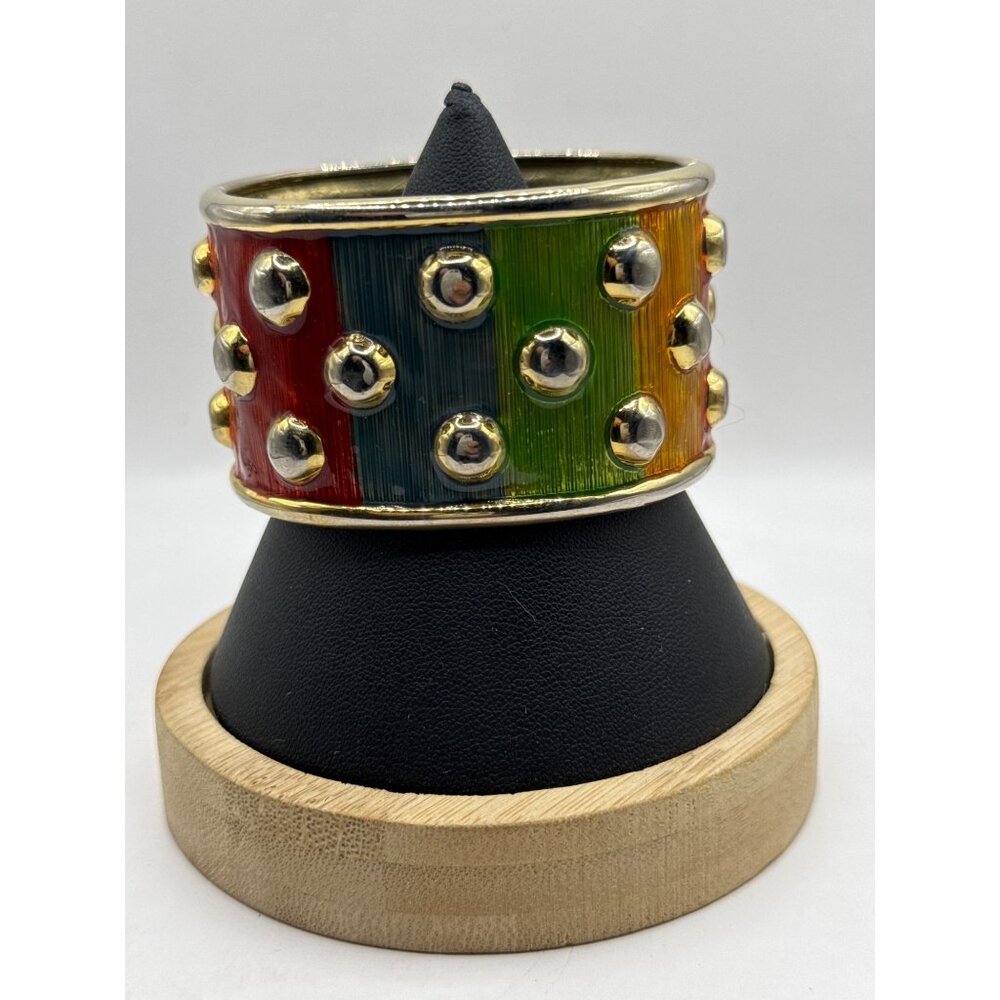 Multicolor Enameled Wide Cuff Bracelet With Gold-Tone Stud Accents & Hinged Clos